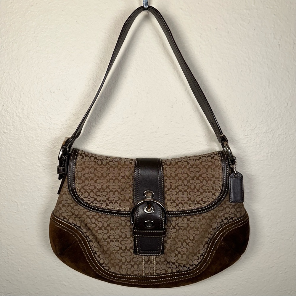 Coach Signature Jacquard Canvas Handbag - Brown Leather Suede - F10926